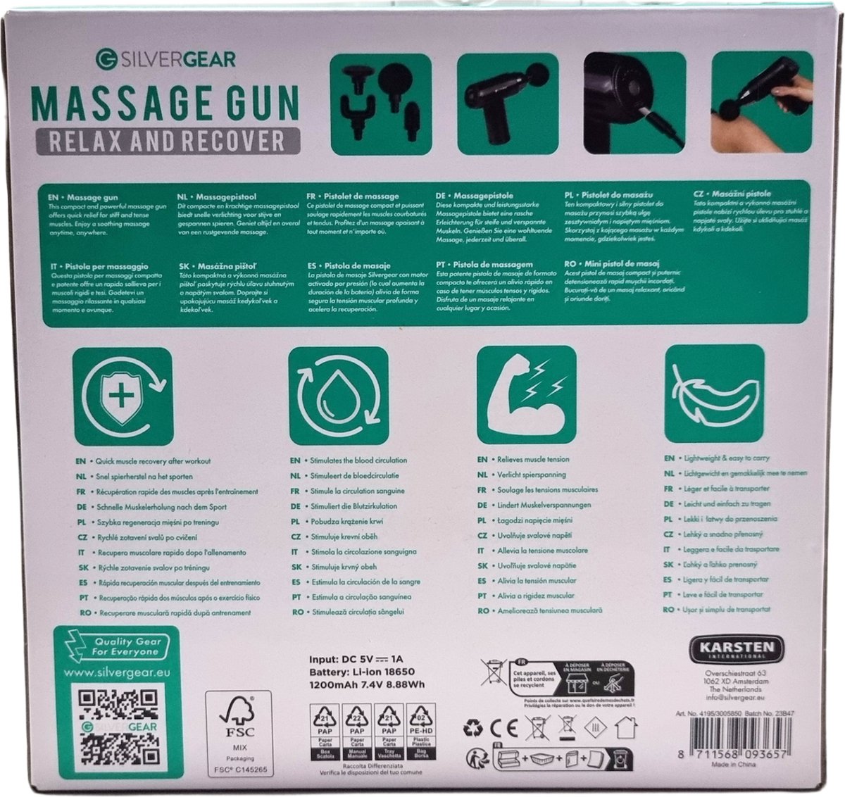 Afbeelding 2 van Silvergear Massage Gun - Verlicht Spanning in de Spieren - 2 uur Accuduur - 4 Opzetstukken - 6 Standen