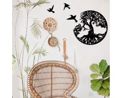 Levensboom Tree of Life modern deco muurdecoratie - met vogel - Wanddecoratie - Zwart - Houten art - Muurdecoratie - Line art - Wall art - Bohemian - Wandborden - Woonkamer - 50x50 cm - kerst - kerstcadeau - wandecoratie woonkamer