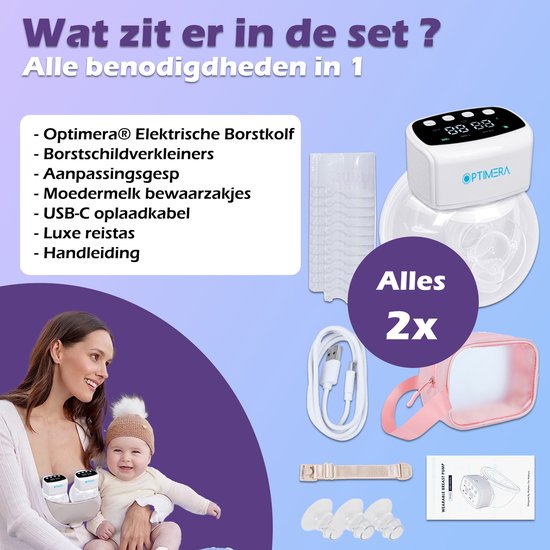 OPTIMERA® - Elektrische Borstkolf - Handsfree Borstkolf - Dubbele Elektrische Borstkolf - Incl. 20 Moedermelk Bewaarzakjes, 4 Verschillende Borstmaten & Reistas van Opti — afbeelding 4