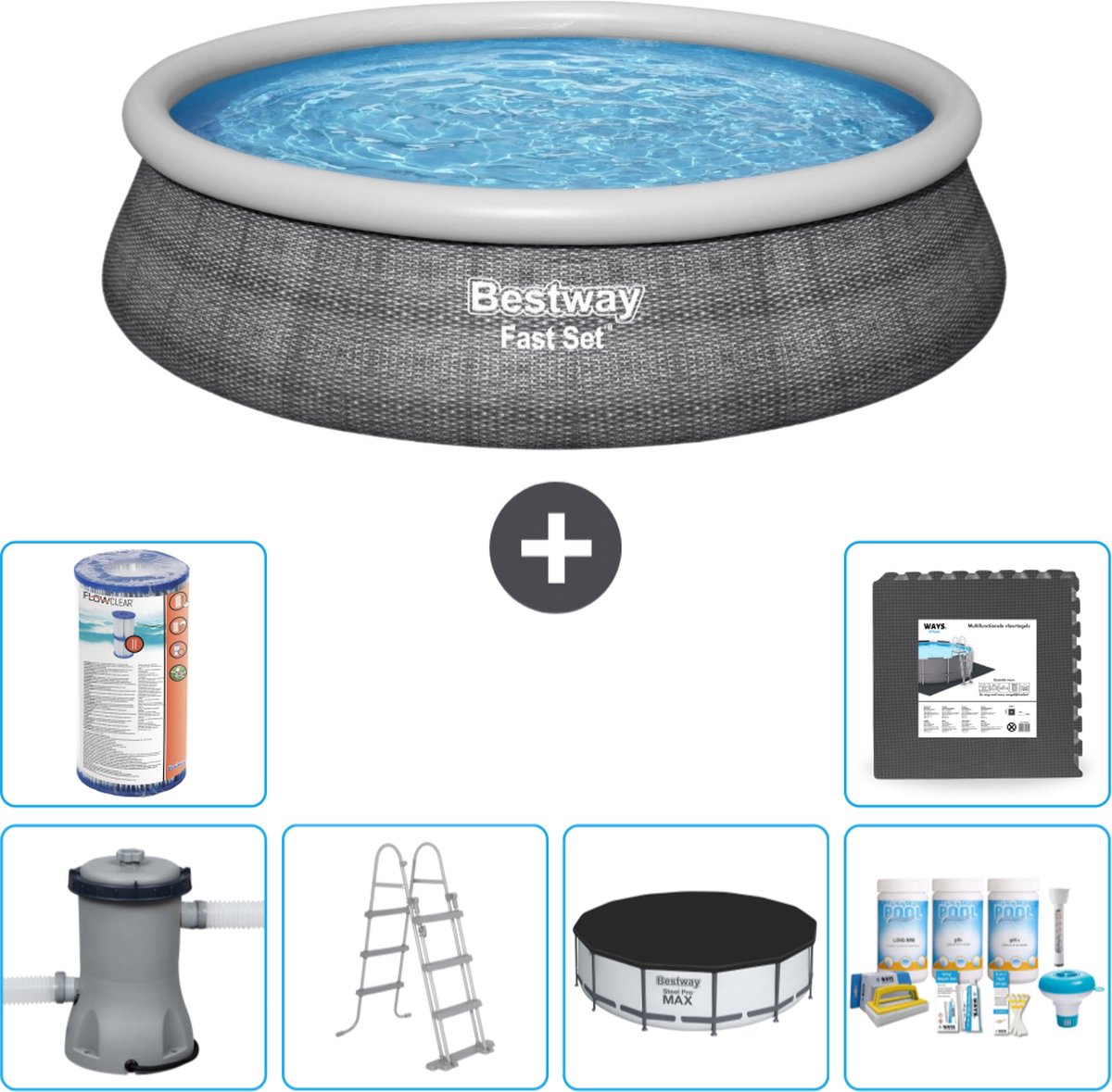 Bestway Rond Opblaasbaar Fast Set Zwembad - Rotanprint - 457 x 107 cm - Inclusief Pomp - Ladder Afdekzeil - Onderhoudspakket - Filter - Vloertegels