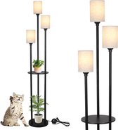 D&B Vloerlamp - Lamp - Staande Lamp - LED Lamp - Met Plankje - 3 Lampjes - Woonkamer - Voetschakelaar - Slaapkamer - E27 Fitting - Lampenkap Linnen - Kleur Zwart