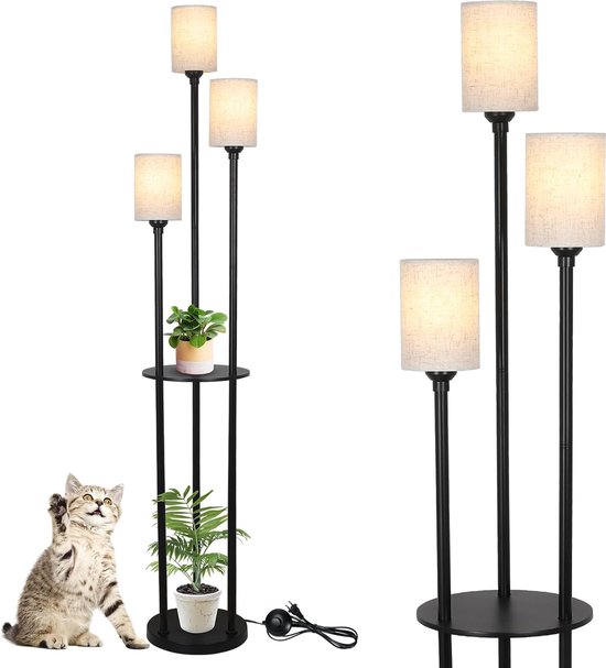 D&B Lampadaire - Lampe - Lampadaire - Lampe LED - Avec Étagère - 3 Lumières - Salon - Interrupteur au Pied - Chambre - Raccord E27 - Abat-jour Lin - Couleur Zwart