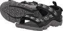 Zwarte Teva sandalen met grijze bandjes met patroon en een grijze zool.