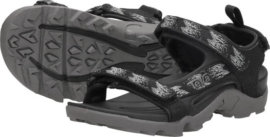 Zwarte Teva sandalen met grijze bandjes met patroon en een grijze zool.