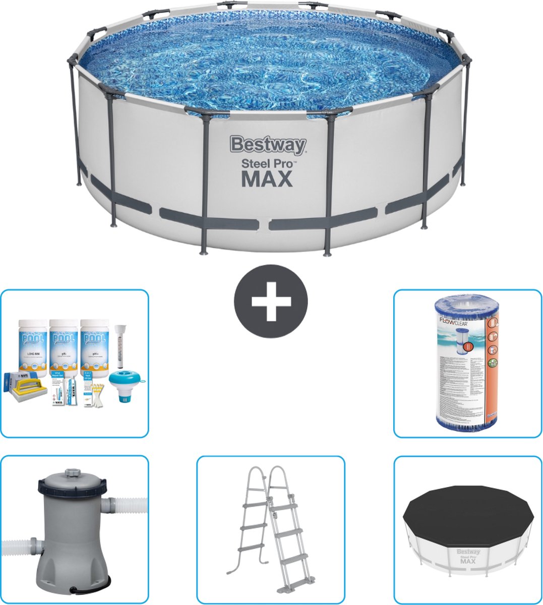 Bestway Rond Steel Pro MAX Zwembad – 366 x 122 cm – Grijs – Inclusief Pomp – Ladder – Afdekzeil Onderhoudspakket – Filter Bestway Rond Steel Pro MAX Zwembad – 366 x 122 cm – Grijs – Inclusief Pomp – Ladder – Afdekzeil Onderhoudspakket – Filter