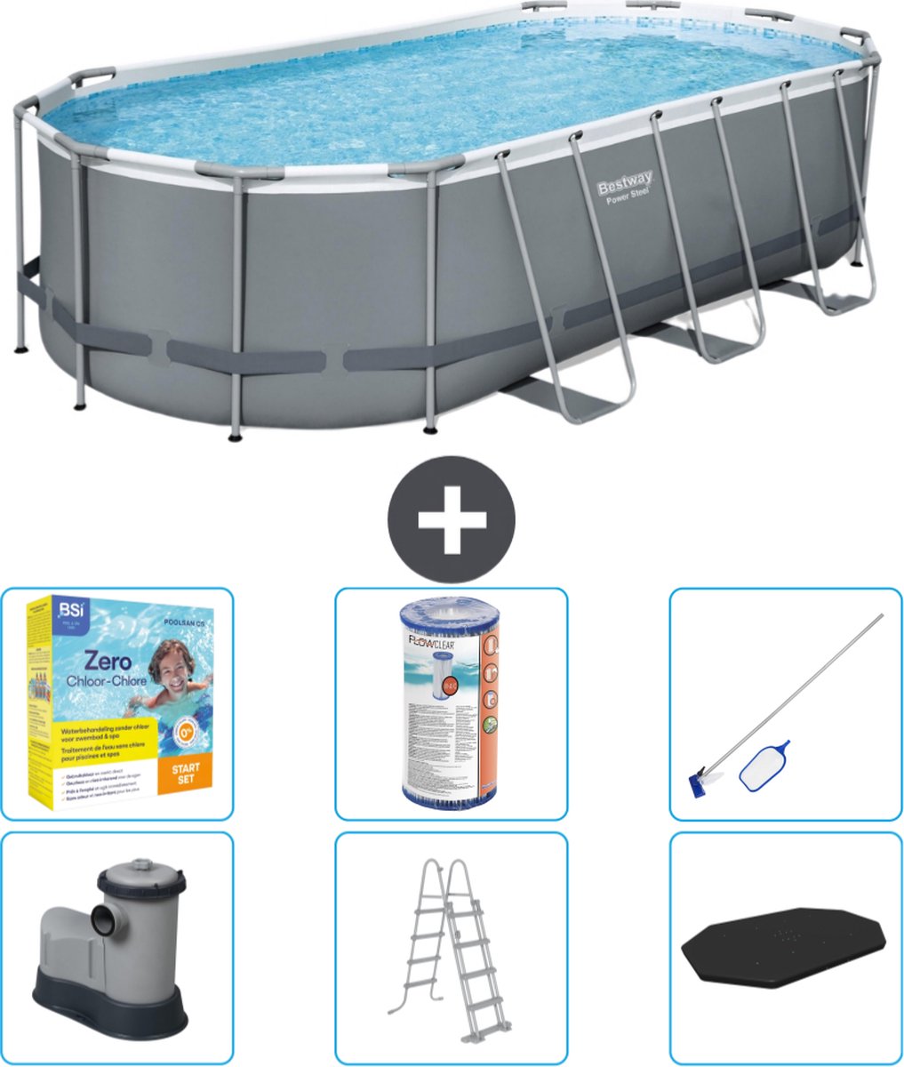 Bestway Ovaal Power Steel Zwembad - 549 x 274 x 122 - Grijs - Inclusief Pomp - Ladder - Afdekzeil Onderhoudspakket - Filter - Schoonmaakset