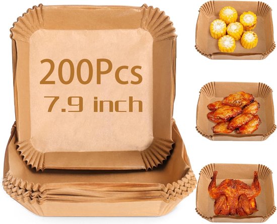 airfryer bakpapier - bruin - Bakpapier - vierkant 20*20cm - universeel - 16 tot 23 cm - bakjes - anti aanbak - Oliebestendig -Accesoires - Heteluchtfriteuse - 200stuks