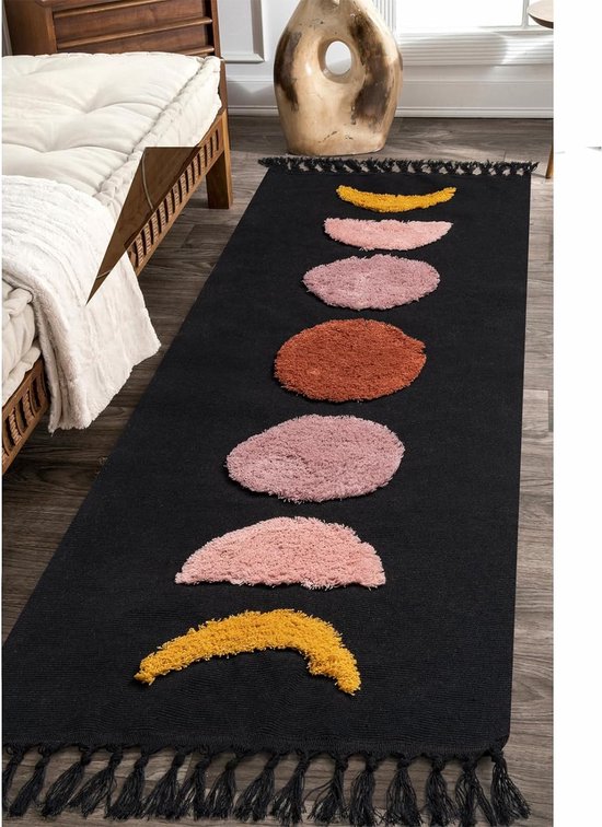 Tapijt Runner Hal 60 x 130 cm, Boho Black Moon getuft katoenen tapijt met geweven kwastjes, wasbaar tapijt voor badkamer keuken woonkamer slaapkamer hal eetkamer