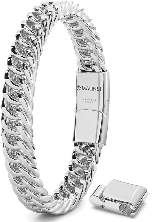 Malinsi Bracelet Homme - Argent 10mm Cubain Complet Acier Inoxydable - Bracelet Homme 20 + 2 cm Extension