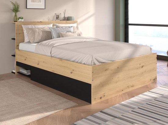 Bed met opbergruimte 140 x 190 cm - Kleur: houtlook en zwart - RADANI L 149.8 cm x H 96.6 cm x D 215.3 cm