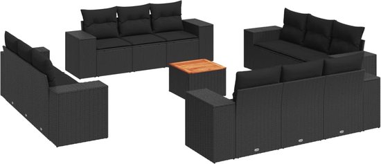 vidaXL - 13-delige - Loungeset - met - kussens - poly - rattan - zwart
