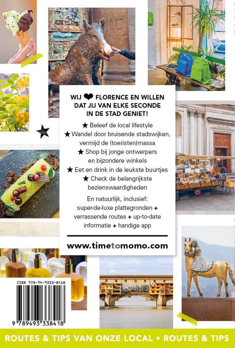 Boek van time to momo Florence met afbeeldingen van een ijsje, een wild zwijn standbeeld, eten, flessen parfum en een brug.