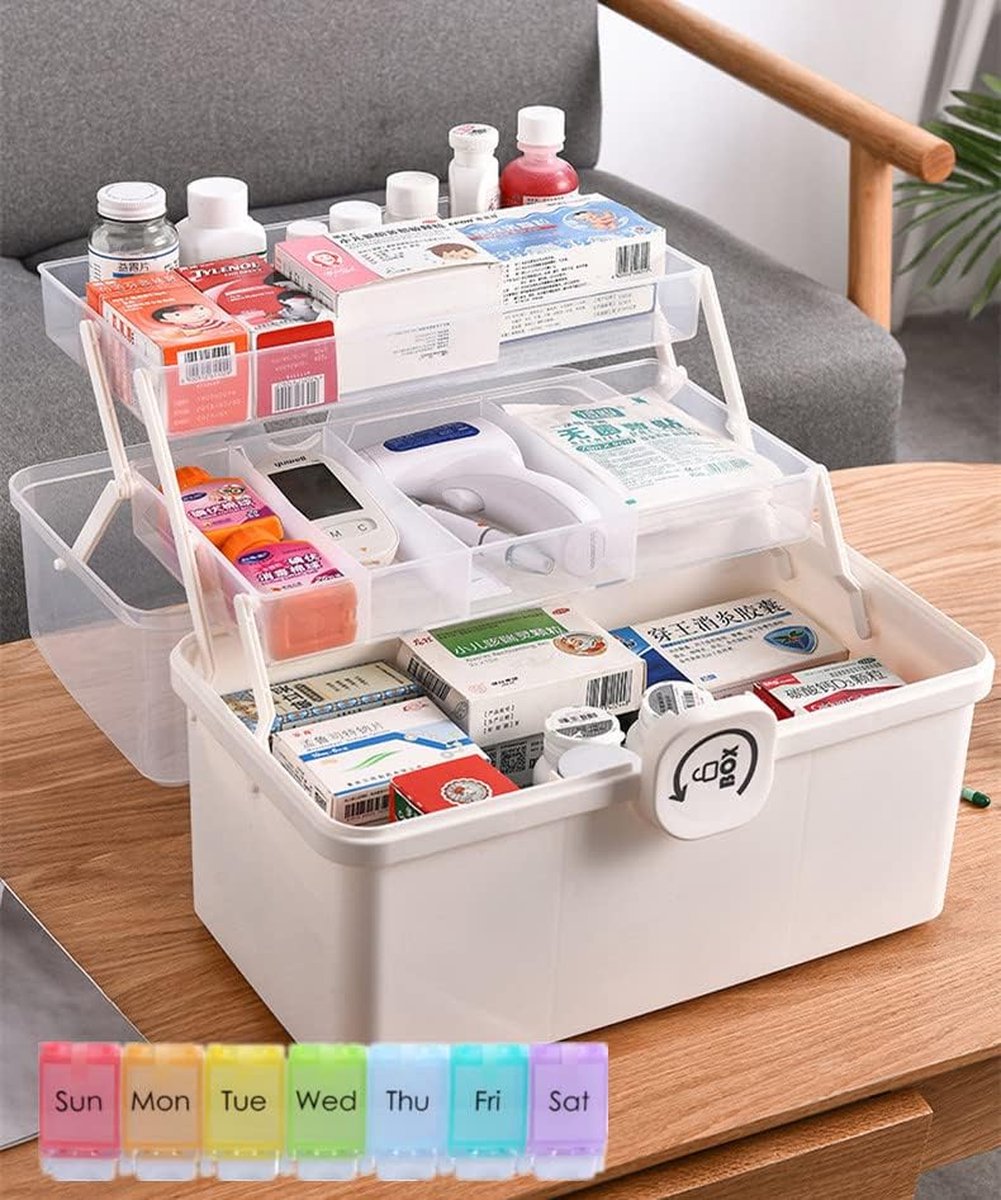 Medicijnorganizer met Multiple Verdiepingen - Apothekerskast Kofferorganizer - Ruime Opbergruimte - Compact en Draagbaar - Transparante Deksel