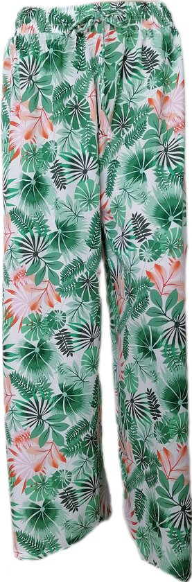 Femme - Pantalons d'été - Pantalons - Pantalons de Yoga - Pantalons de plage - Femme - Jambe large - Comfort - Bande élastique - Couleur Wit/Saumon/Vert - Taille 48-50