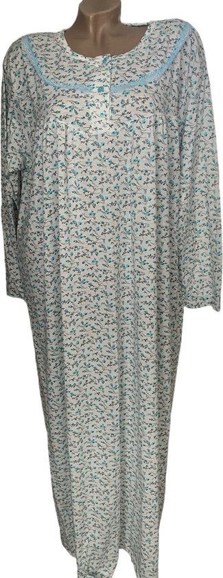 Dames Katoenen Nachthemd 130CM Lange Mouw 3004 Bloemenprint L wit/groen