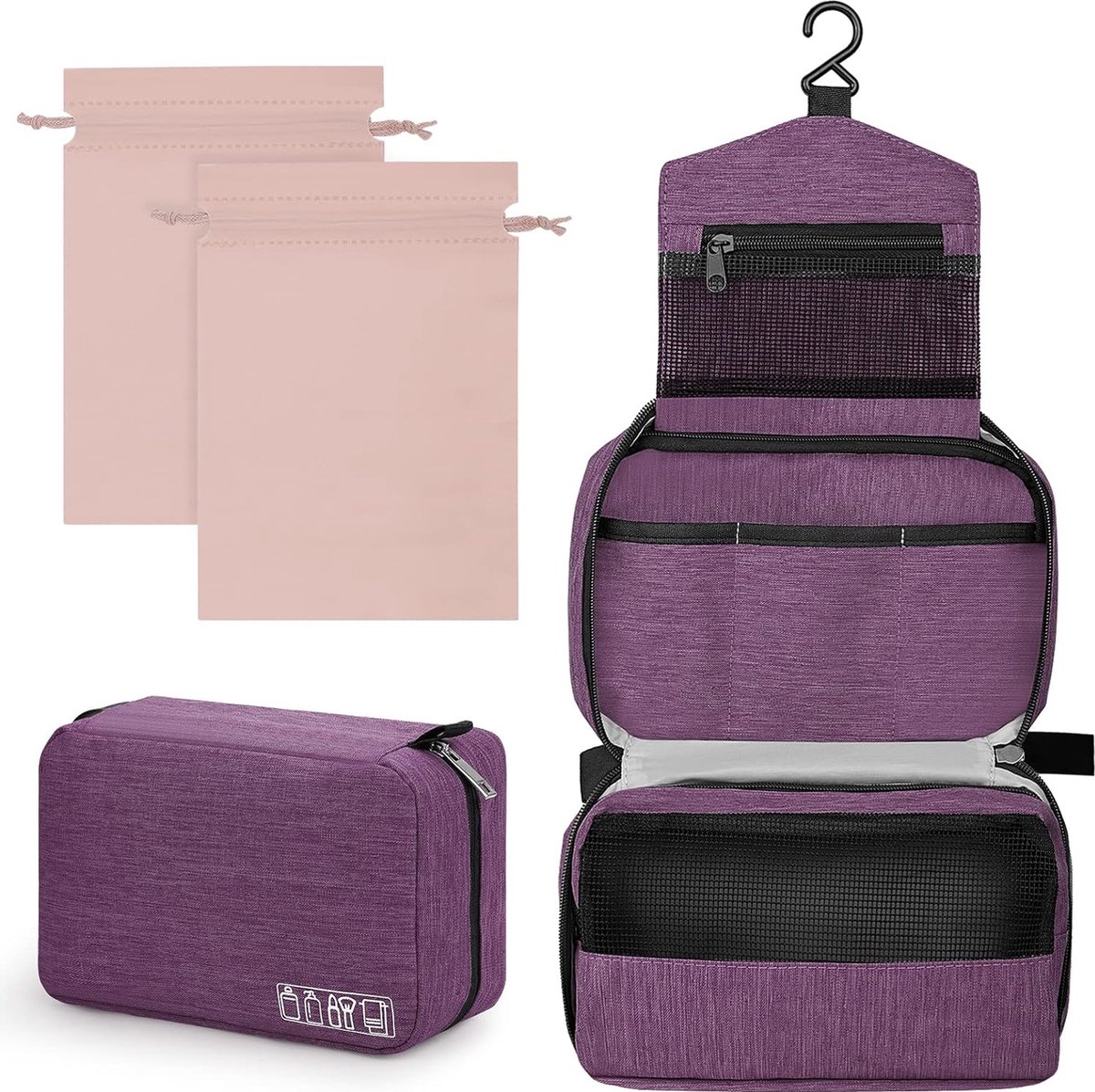 Toilettas Dames Heren Toilettas Cosmetische tas om op te hangen Reizen Make-up tas Toilettas 1 toilettas + 2 tassen met trekkoord, paars