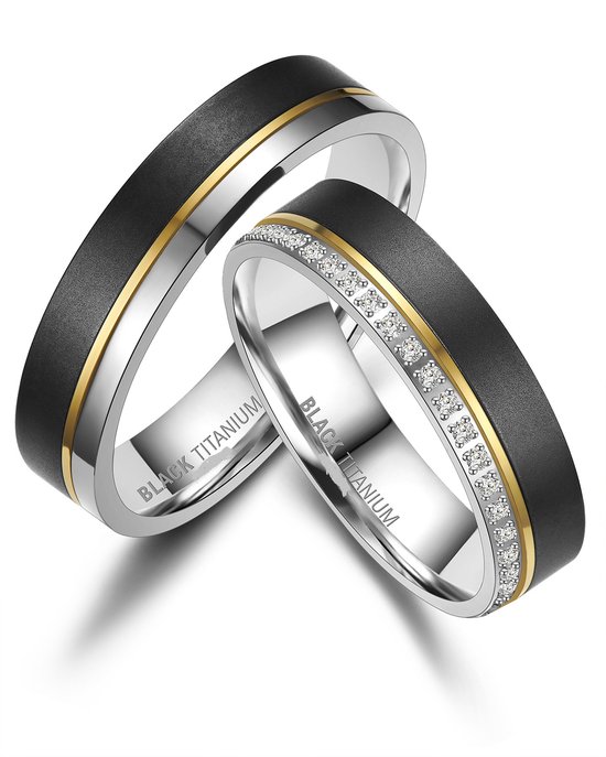 Jonline SET trouwringen Zwart Titanium 14 karaat Goud Rondom Zirkonia|Vriendschapsringen|Relatie ringen