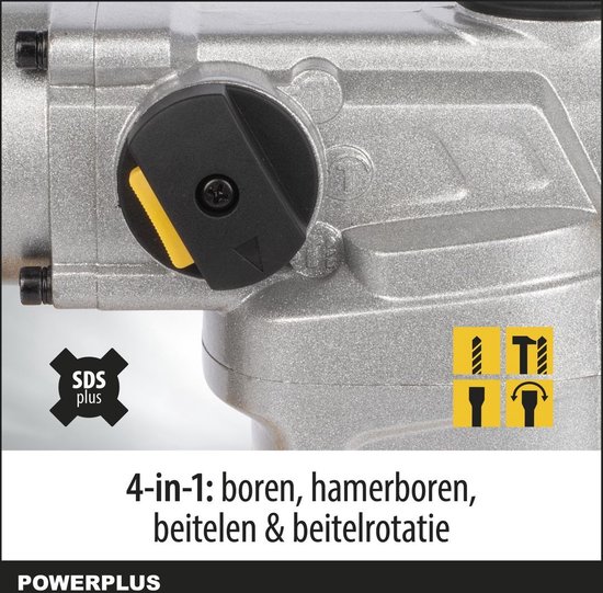 Powerplus Elektrische klopboormachine POWX1175 - 4 in 1: boren hamerboren beitelen en beitelrotatie, 1600 W boormachine, 5 J, SDS plus, 6 accessoires