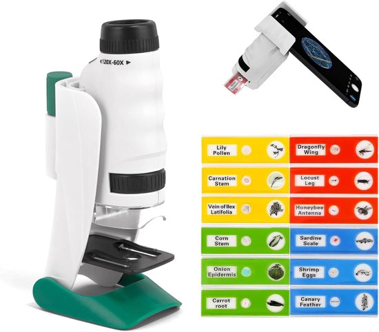 LAKWAR Mini microscope de poche 60x-120x pour enfants et adultes, microscope portable à main avec lames de microscope, miniscope portable pour enfants étudiants école éducation scientifique