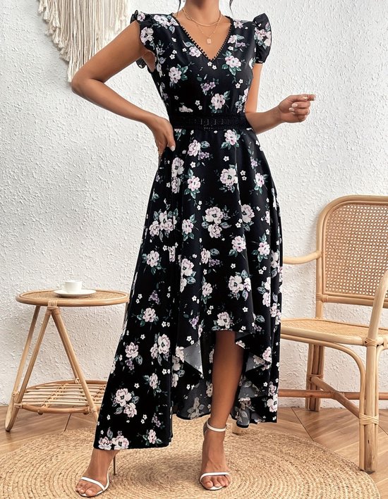 Prachtige sexy elegante zwarte jurk met bloemen maxi lange jurk maat M bol