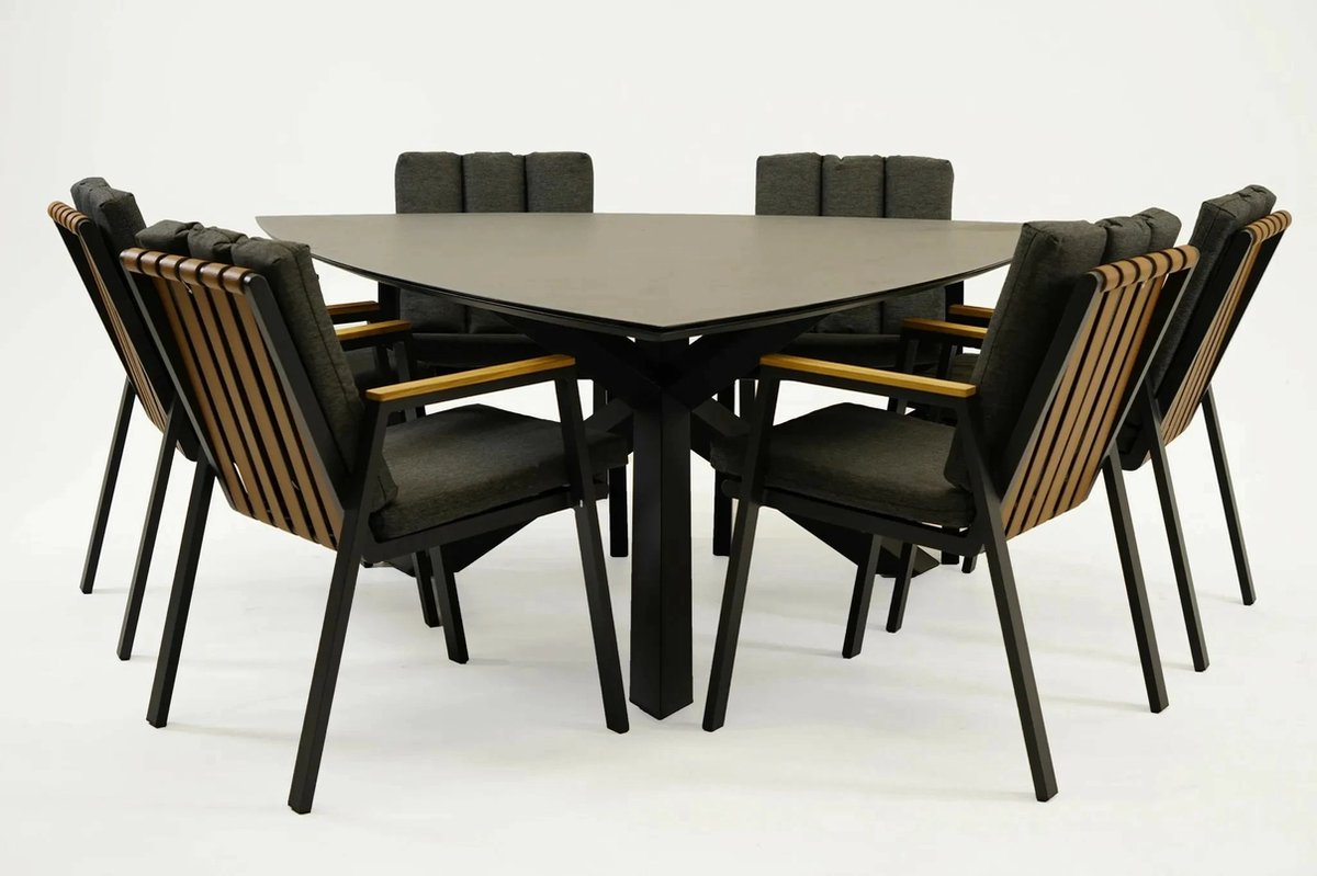 Tuintafel Triangel met 6 Leather antraciet stoelen