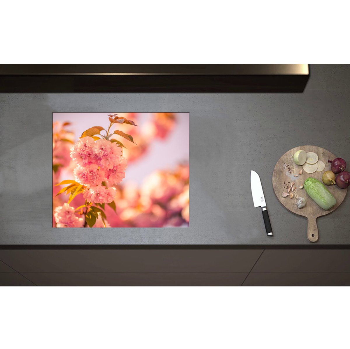 Inductieplaat Beschermer - Bloeiende Roze Bloesem Bloemen op Mooie Lentedag - 59x50 cm - 2 mm Dik - Inductie Beschermer - Bescherming Inductiekookplaat - Kookplaat Beschermer van Zwart Vinyl