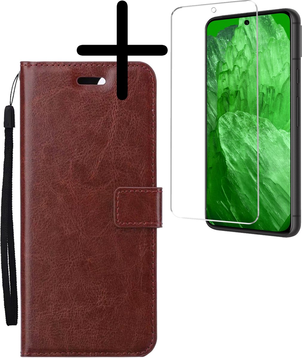 Hoesje Met Screenprotector - Geschikt voor Google Pixel 8a - Luxe Pasjeshouder - Bookcase Portemonee - Flip Case - Kunstleer Book Case - Flipcase - Book Cover - Walletcase - Portemonneehoes - Bruin