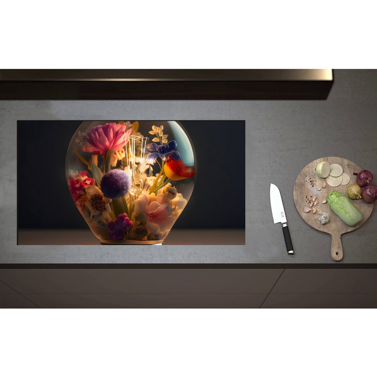 Inductieplaat Beschermer - Bloemboeket Groeiend in Lichtgevende Lamp - 90x50 cm - 2 mm Dik - Inductie Beschermer - Bescherming Inductiekookplaat - Kookplaat Beschermer van Wit Vinyl