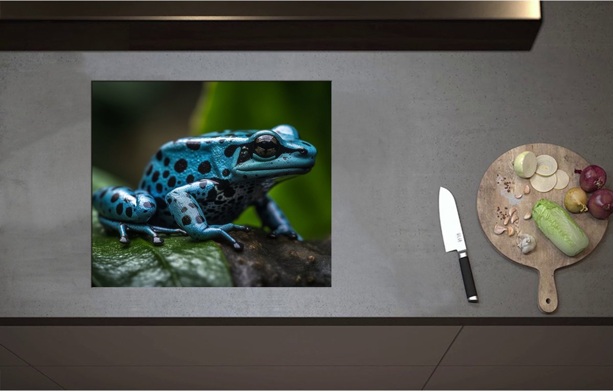 Inductieplaat Beschermer - Blauwe zwart gestipte gif kikker zit op blad - 59x51 cm - 2 mm Dik - Inductie Beschermer - Bescherming Inductiekookplaat - Kookplaat Beschermer van Zwart Vinyl