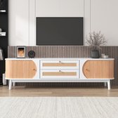 TV-meubel van natuurlijke houtmix met deuren en lades. TV-meubel met rotan zijkanten. Opbergoplossing, natuurlijke landhuisstijl