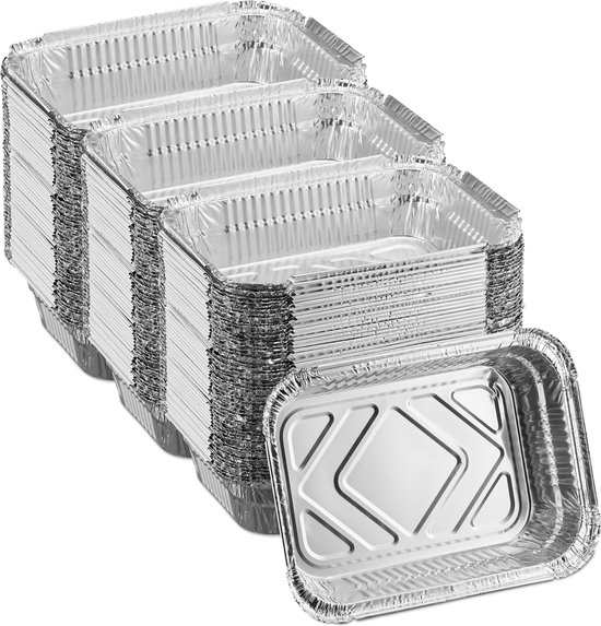 Relaxdays aluminium trays bbq, set of 50, WxD: 31 x 21 cm, rectangular barbecue trays, large drip trays grill, silver