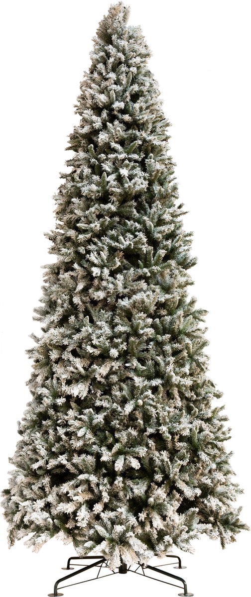 Kerstboom van 450 cm hoog, besneeuwd, groen kunststof van J-Line, extra large.