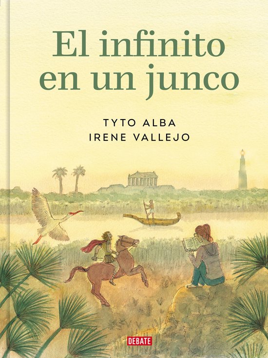 Boekcover met de titel 'El infinito en un junco'. Illustratie van een man te paard, een vrouw die leest, een boot met roeier en een vogel.