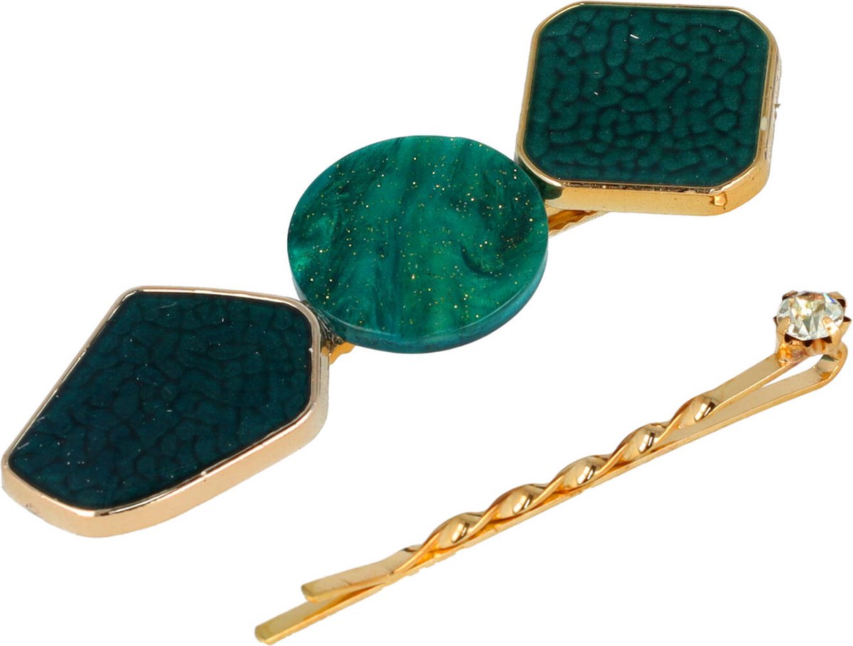 Haarsoires Haarspeld Duckklem en Schuifspeldjes 8cm – Cirkel & Vierkant – Goud Groen – Set van 2 - Haarklem - Haarclip - Haaraccessoires voor Dames & Kinderen - Sterke Haarclip voor Styling & Dagelijks Gebruik - Hair Clip - Decoratieve Haaraccessoire