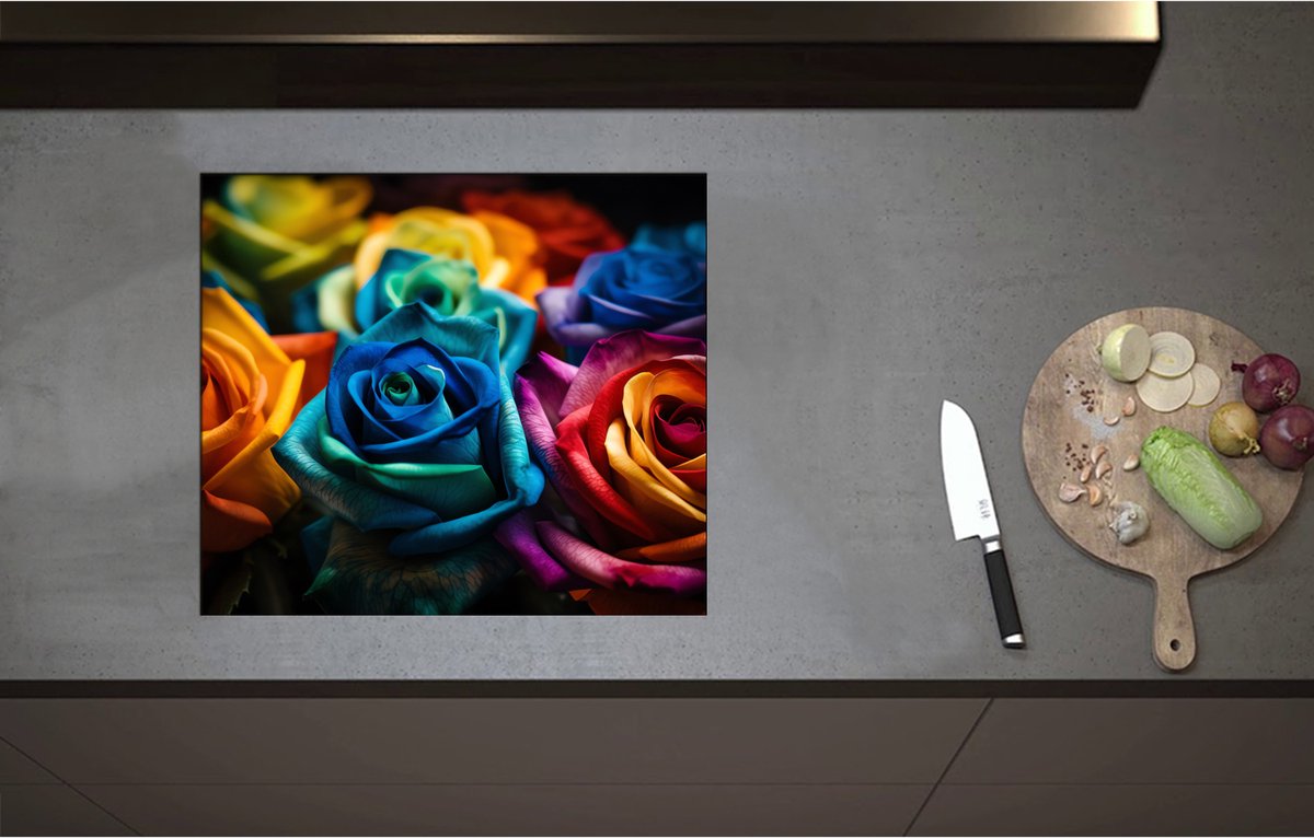 Inductieplaat Beschermer - Boeket van Rozen in Meerdere Felle Kleuren - 58x51 cm - 2 mm Dik - Inductie Beschermer - Bescherming Inductiekookplaat - Kookplaat Beschermer van Wit Vinyl