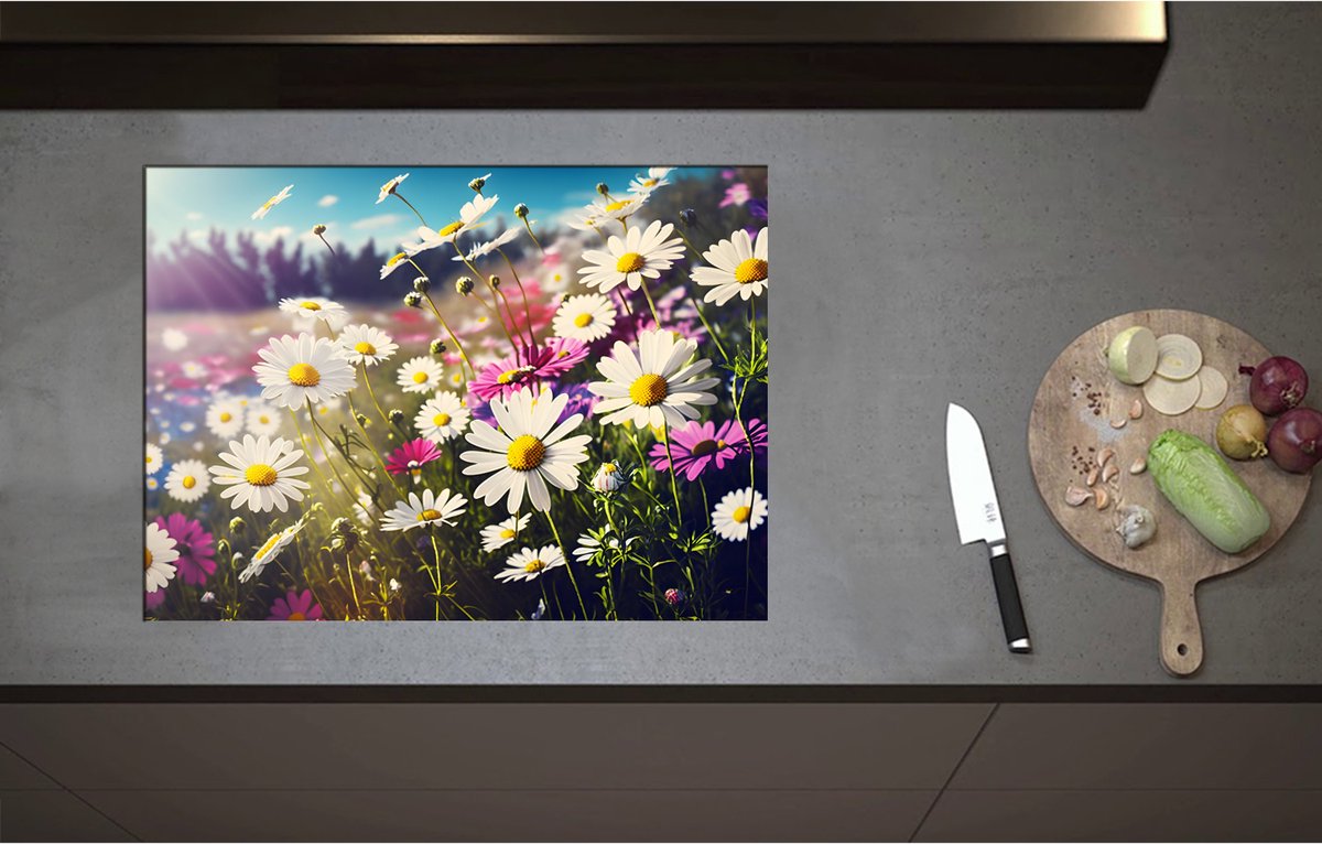 Inductieplaat Beschermer - Bloemenveld Vol Paarse en Witte Madeliefjes - 71x52 cm - 2 mm Dik - Inductie Beschermer - Bescherming Inductiekookplaat - Kookplaat Beschermer van Zwart Vinyl