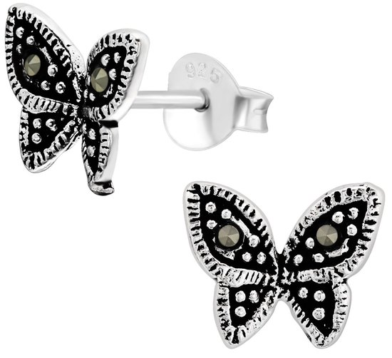 Joy|S - Zilveren vlinder oorbellen - 9 x 7 mm - grijs kristal - geoxideerd