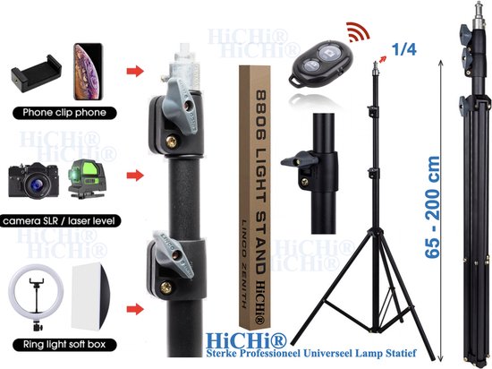 Foto: Hichi professionele sterke lampstandaards 180cm lampstatief inclusief draag tas bluetooth afstandsbediening telefoonhouder 360 mini bal head en gopro adapter