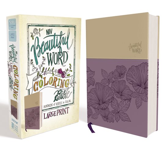 NIV Beautiful Word Coloring Bible Large Print in paars met bloemenprint en beige bovenkant.