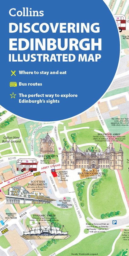 Gekleurde kaart van Edinburgh met belangrijke bezienswaardigheden, inclusief de 'Palace of Holyroodhouse' en 'Holyrood Abbey'.