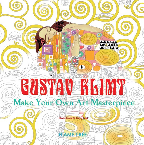 Boekcover met de titel "GUSTAV KLIMT Make Your Own Art Masterpiece" in rode en teal letters, met een gestileerde afbeelding van een koppel in de stijl van Klimt, omringd door gele en witte ornamenten.