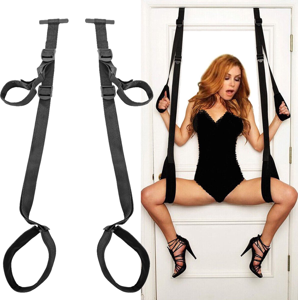 Goedkoopste Door Swing - Deur Sexschommel - Verstelbare BDSM Deurboeien - Door Restraint Set - Handboeien en Beenboeien - Over the Door Wrist Cuffs - Deur Hanger Boeien - 4 verstelbare bevestigingen, 2 handboeien en 2 beenboeien Gratis Blinddoek!