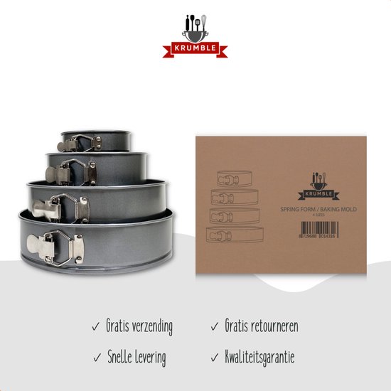 Krumble Springvorm set - 4 delig -  Ø 26/24/18/12 cm -  Set van vier spring bakvormen - Taartvorm - Bakvorm - Anti-aanbak - Bakblik - Grijs