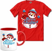 Merry christmas sneeuwpop - T-Shirt met mok - Meisjes - Rood - Maat 12 jaar