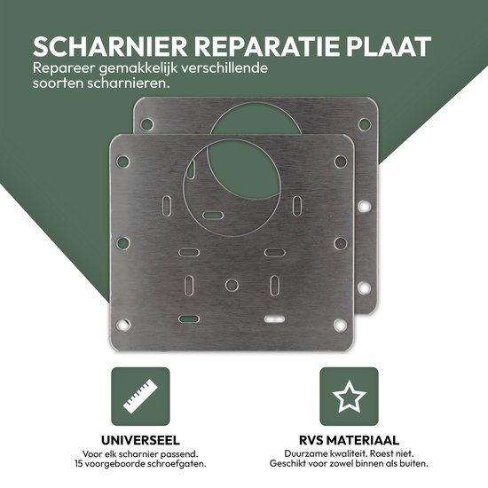 STACK Scharnier Reparatie Plaat | 90x80 mm - 2 Stuks - Inclusief 12 Schroeven - RVS - Reparatieplaat - Scharnier Reparatie Plaat / Platen / Plaatje / Set - Scharnier Plaat - Keukenkastje - Kast - STACK