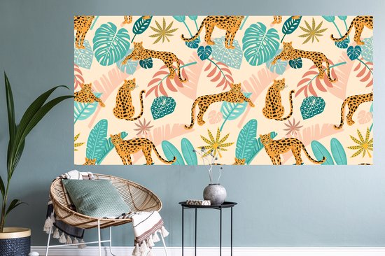 Muurstickers - Sticker Folie - Bladeren - Luipaard - Waterverf - Meisjes - Kinderen - Roze - Kids - 160x80 cm - Plakfolie - Muurstickers Kinderkamer - Zelfklevend Behang - Zelfklevend behangpapier - Stickerfolie