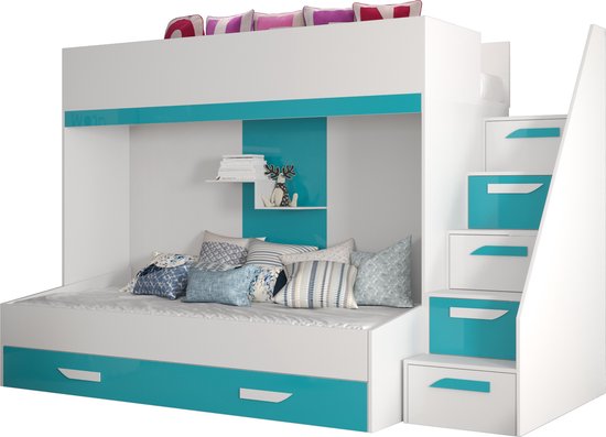 InspireMe - Lit superposé LECKLER 16 - Antresola - 90X200 cm - pour la Chambre de Bébé - Wit + Turquoise (sans Matras)