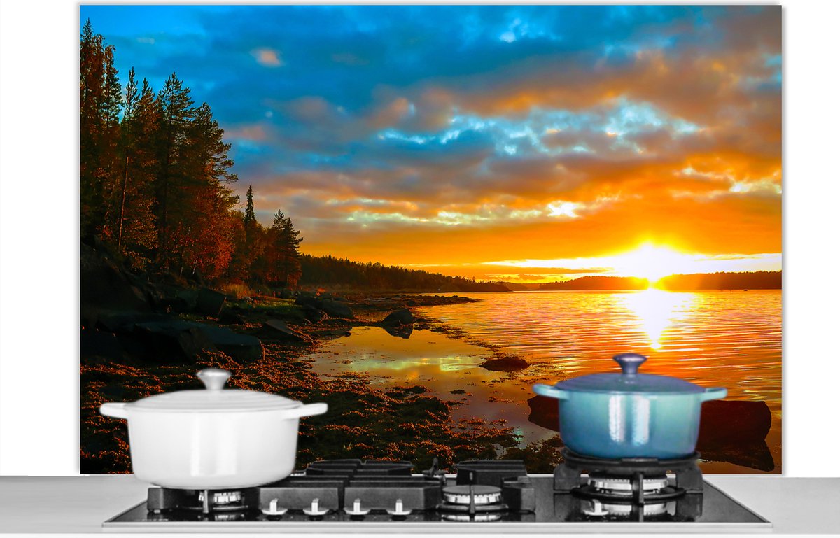 Spatscherm keuken 120x80 cm - Kookplaat achterwand Zon - Landschap - Water - Bomen - Muurbeschermer - Spatwand fornuis - Hoogwaardig aluminium