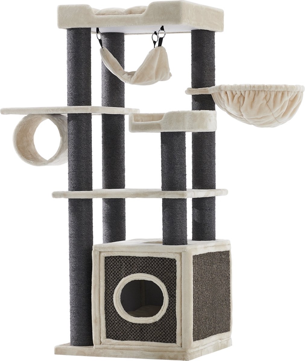 Nobby Krabmeubel Faris – Krabpaal – XXL – Hangmat – Huisje – Grote Kat – Zware Kat – Maine Coon – Creme – Grijs – 173 cm hoog