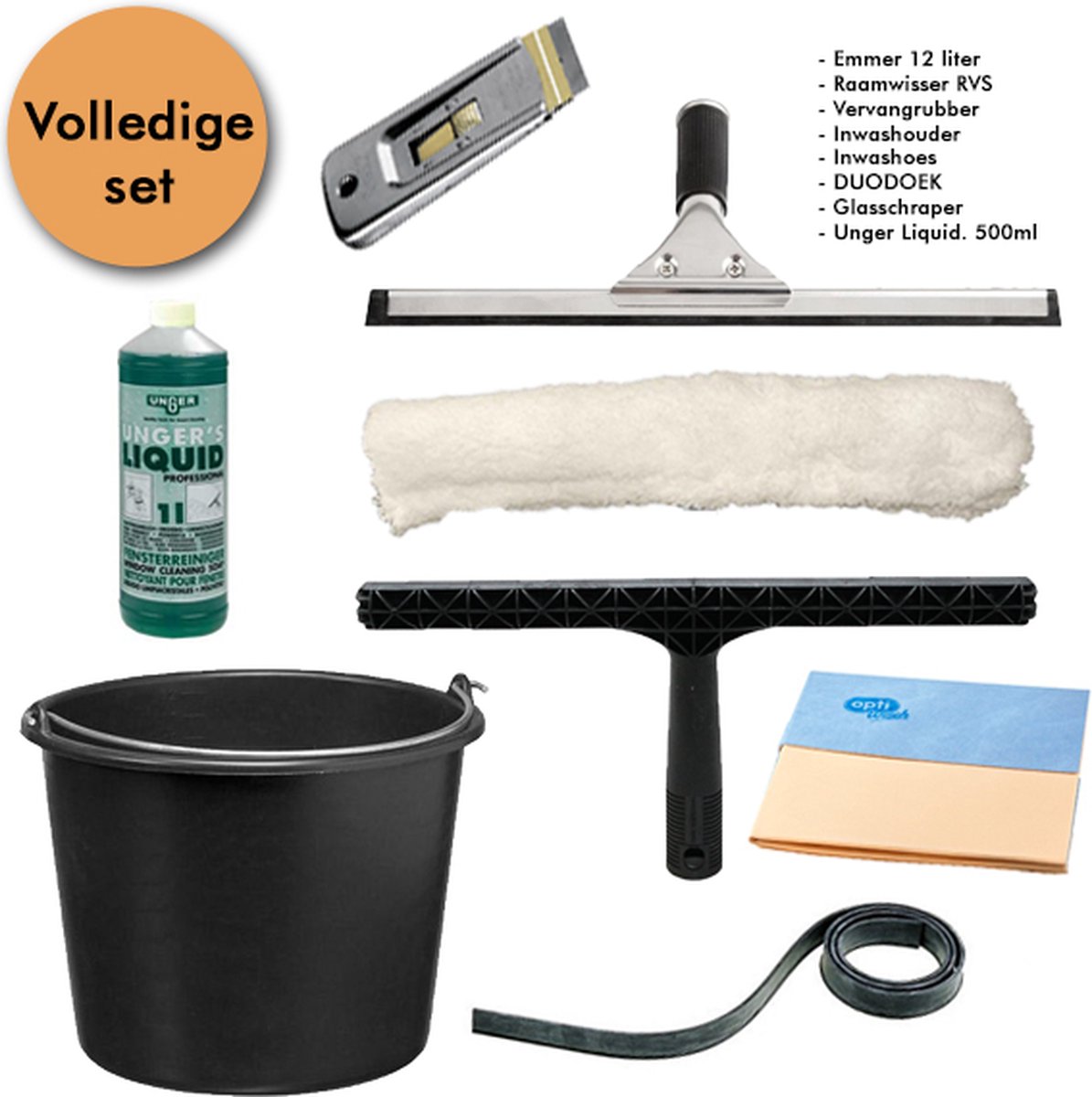 Goedkoopste Professionele Glasreinigingsset. Unger Liquid, Raamwisser, Inwasser, Emmer, Glasschraper.